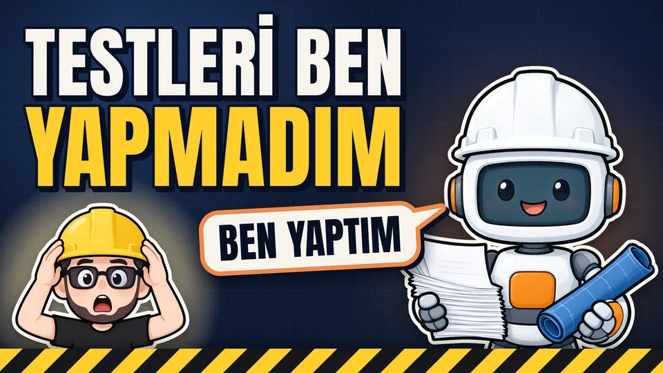 Video kapağı: Testleri ben yapmadım. Şaşkın maskot ve elinde kâğıtlar ile mavi bir proje rulosu tutan, Ben yaptım diyen beyaz baretli robot.