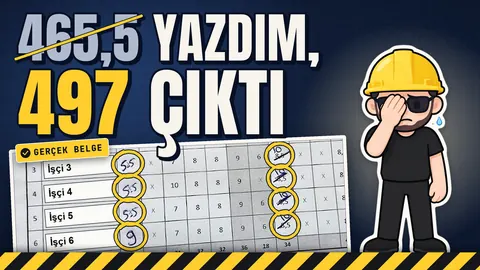 Video kapağı: 465,5 yazdım, 497 çıktı. Adları kapatılmış puantaj kâğıdından bir kesit ve eli yüzünde maskot.